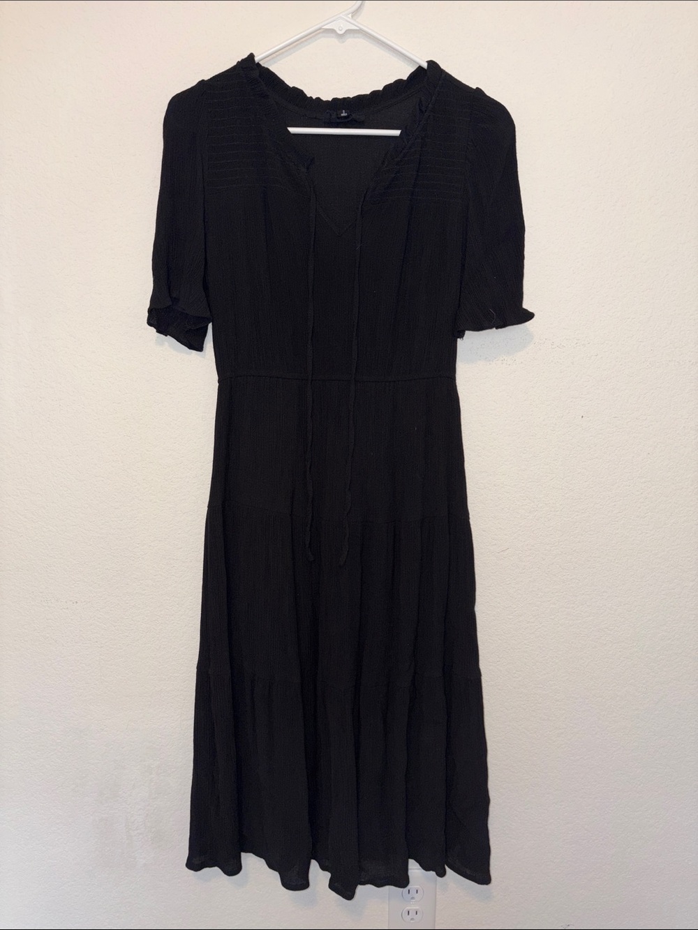 Sweet Wanderer Black Tiered Midi Dress with Tie Neck